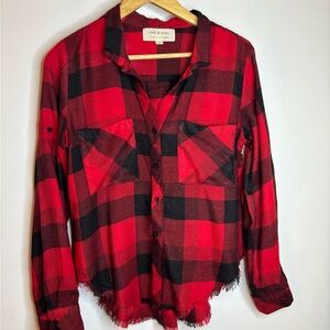 Anthropologie Red and Black Plaid Button-Up Raw Hem Shirt